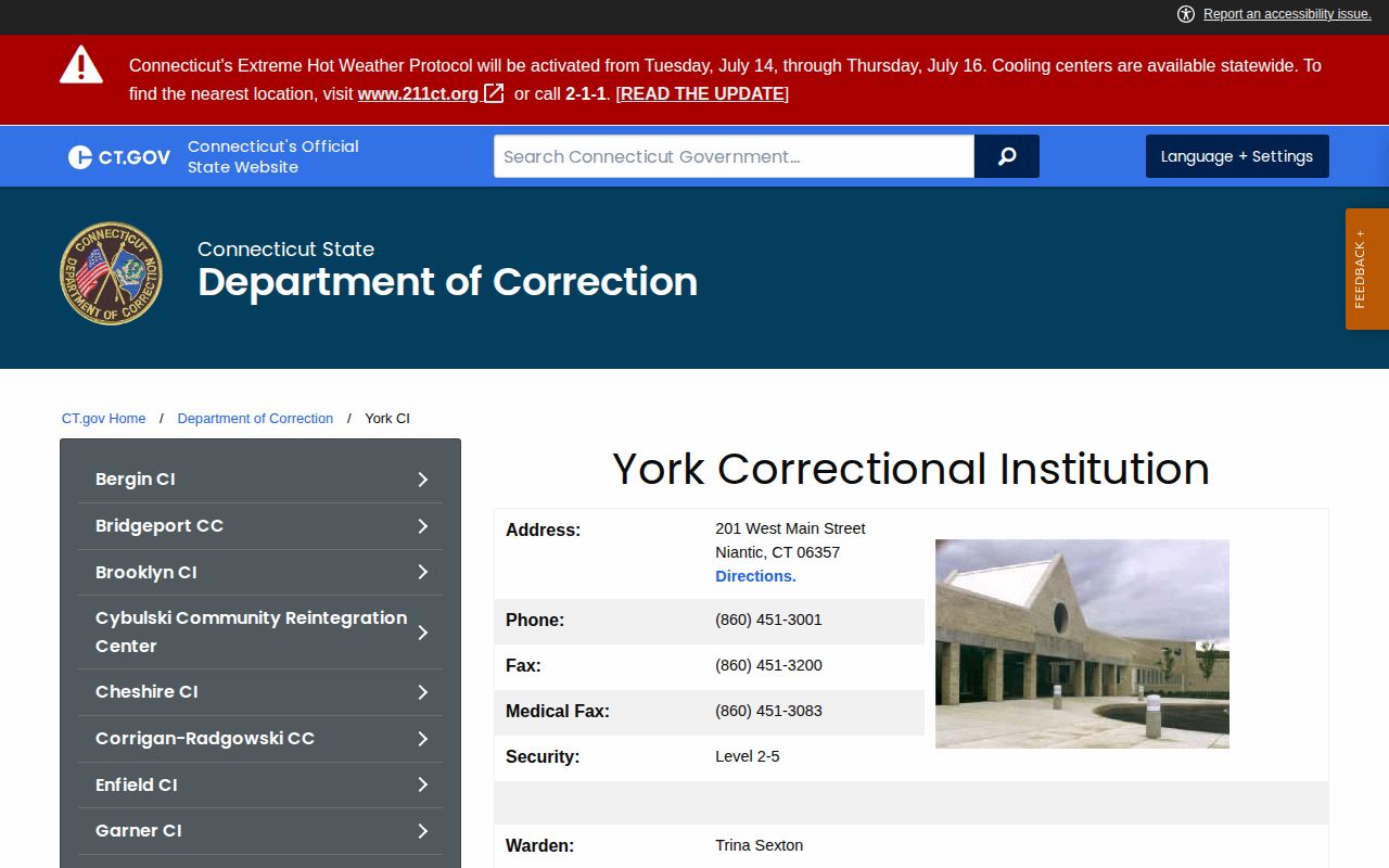 York Correctional Institution release and Connecticut DOC facility source
