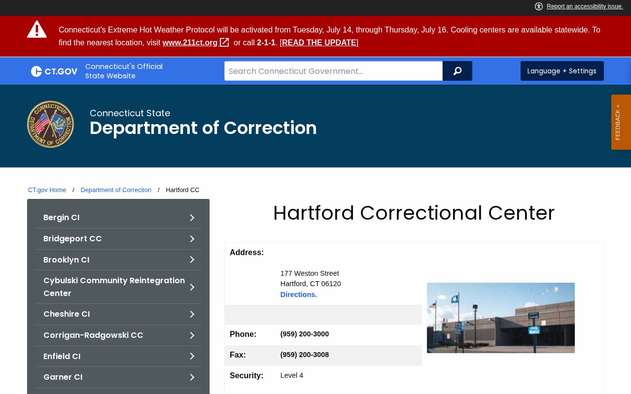 Hartford Correctional Center release and Connecticut DOC facility record