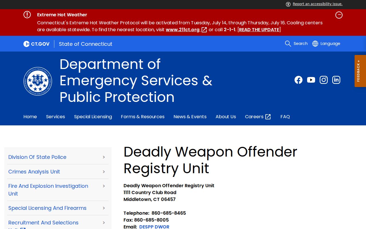 Connecticut Deadly Weapon Offender Registry Unit release registration information