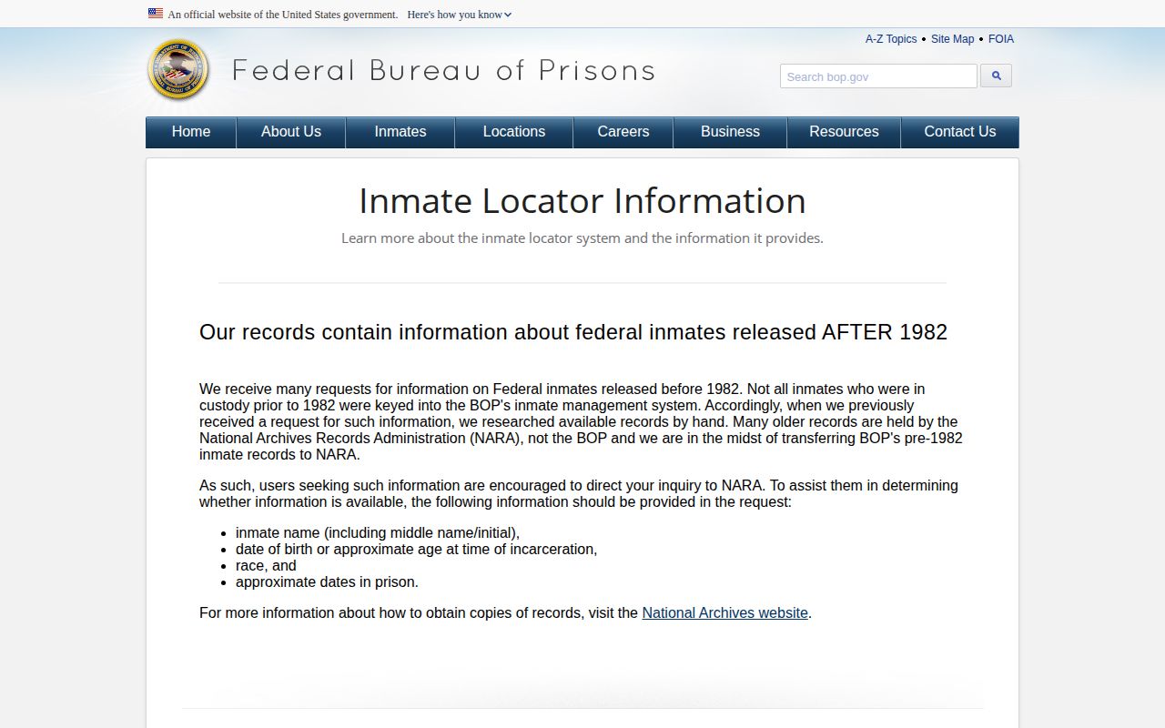 Federal Bureau of Prisons release record explanation for East Hartford federal inmate checks