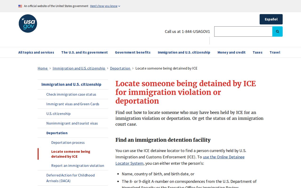 ICE detainee locator search inputs for an East Hartford immigration custody check