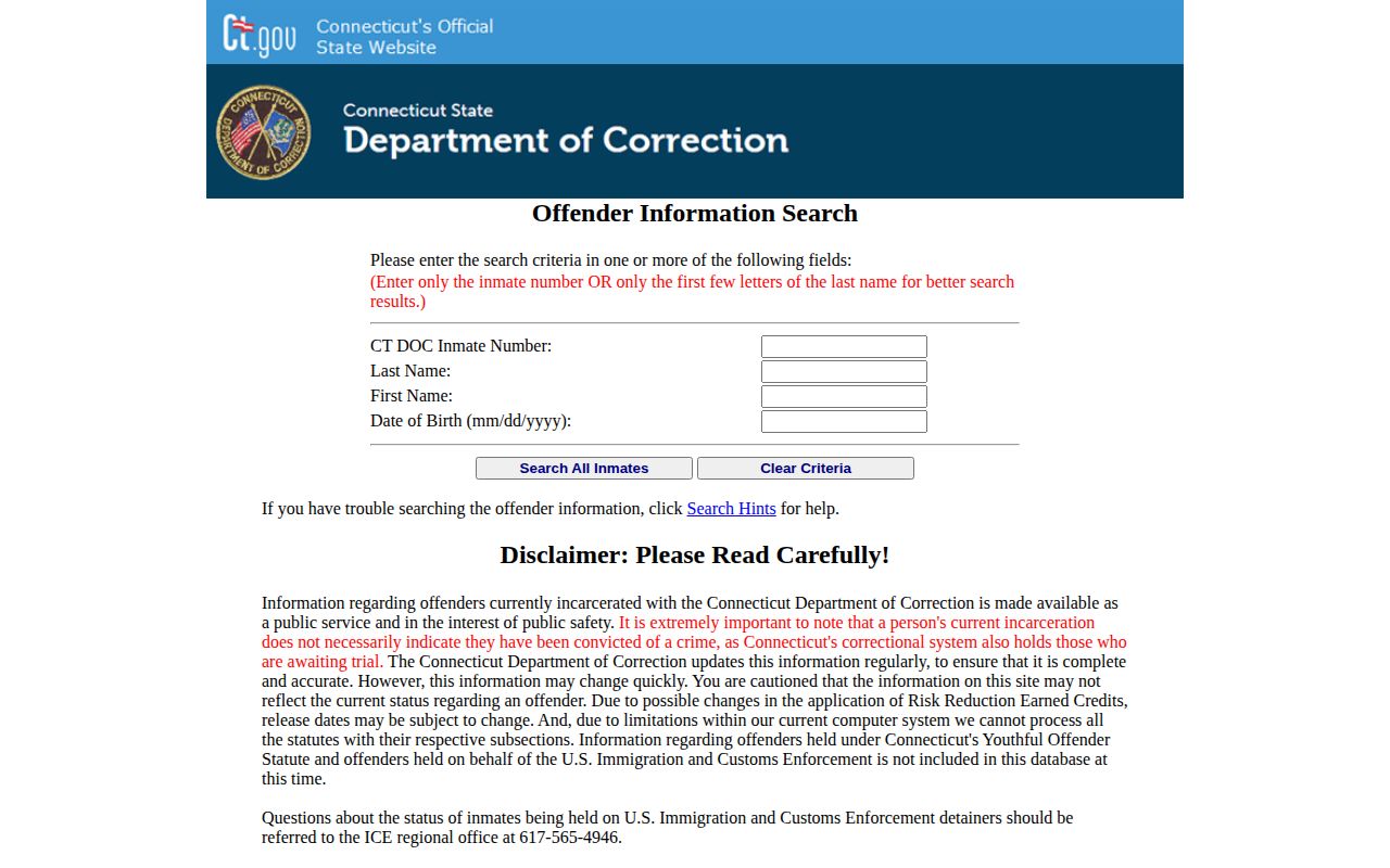 Connecticut Department of Correction inmate release search form