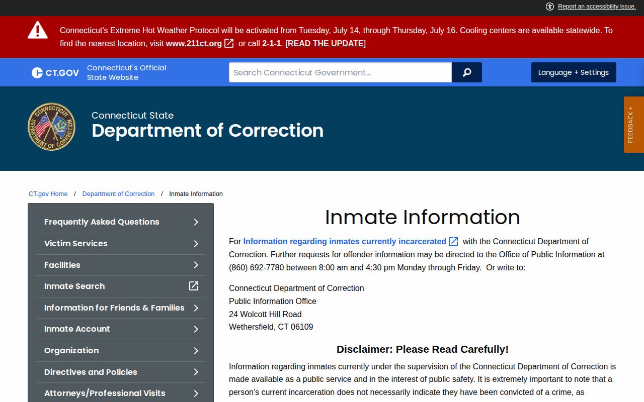 CT DOC information for East Hartford County released inmate records
