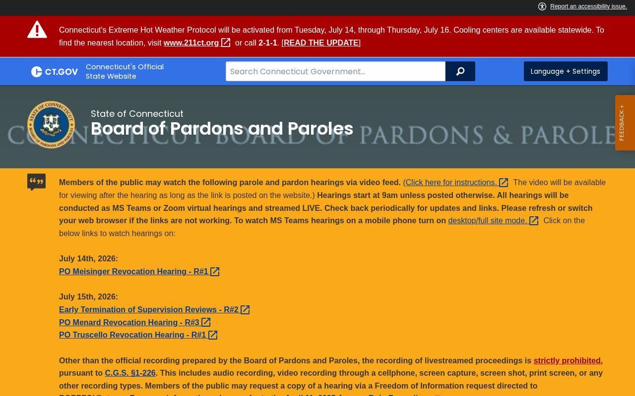East Hartford County parole release hearing schedule source