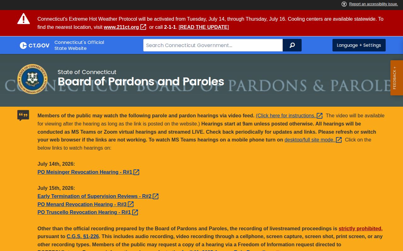 Connecticut Board of Pardons and Paroles release hearing and records source