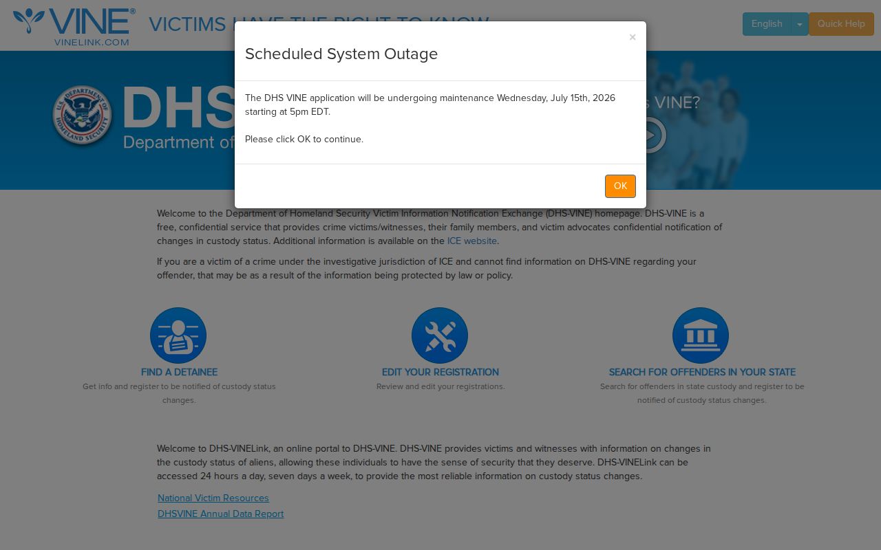 VINELink search platform for an East Hartford inmate check
